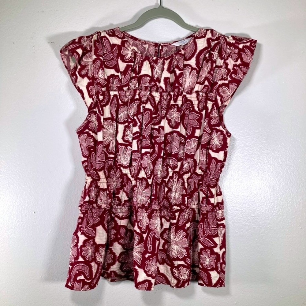 Time and Tru Women L Burgundy Floral Smocked Peplum Top TT2736020068P L 12-14